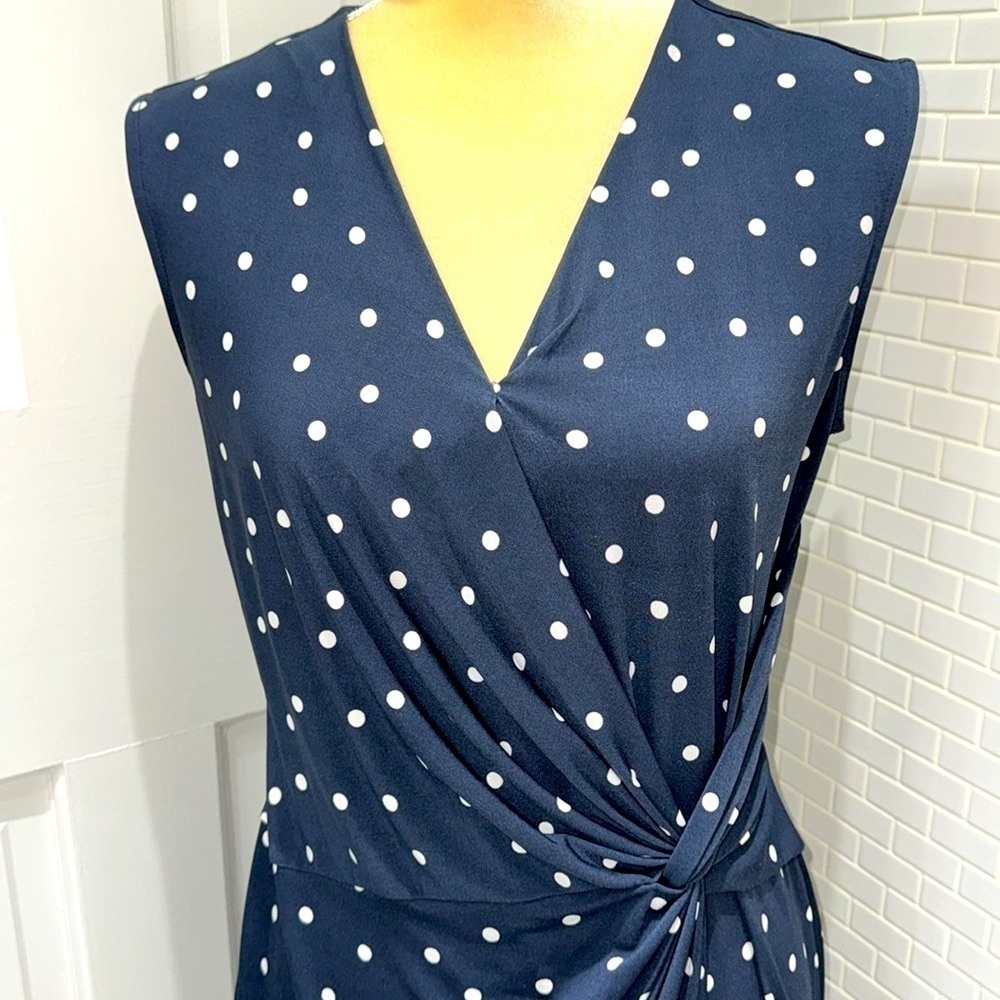Banana Republic blue with white polka dots poly/spandex faux wrap dress. Size SP